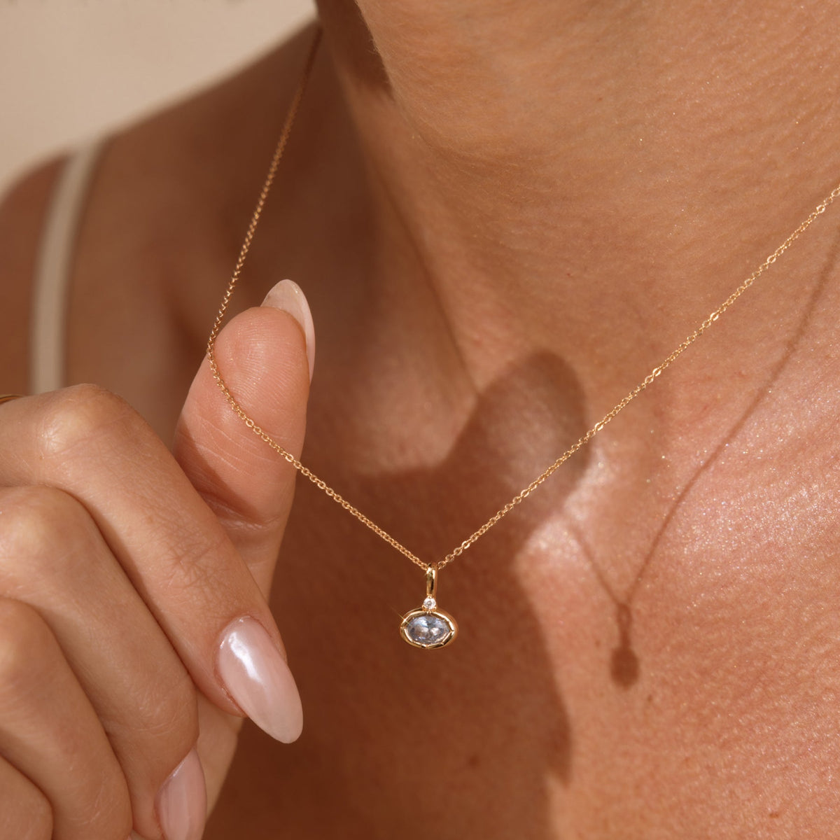 March Oval Birthstone Charm Necklace